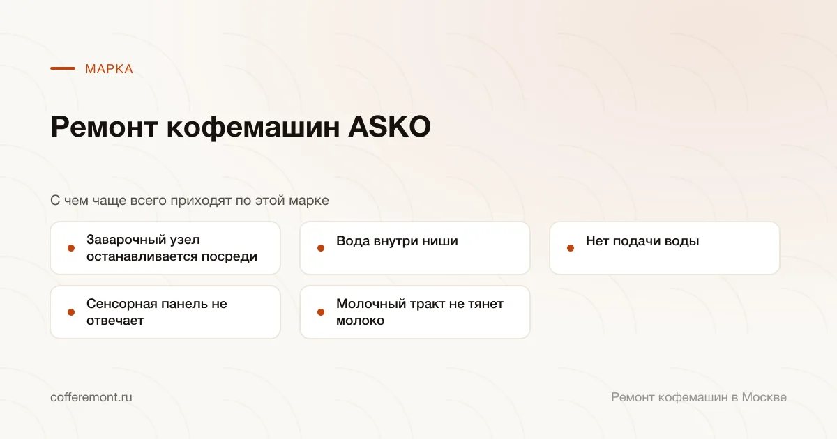 Узлы, которые чаще всего ремонтируем: заварочный узел останавливается посреди цикла, вода внутри ниши, нет подачи воды, сенсорная панель не отвечает, молочный тракт не тянет молоко