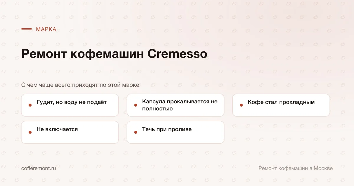Узлы, которые чаще всего ремонтируем: гудит, но воду не подаёт, капсула прокалывается не полностью, кофе стал прохладным, не включается, течь при проливе