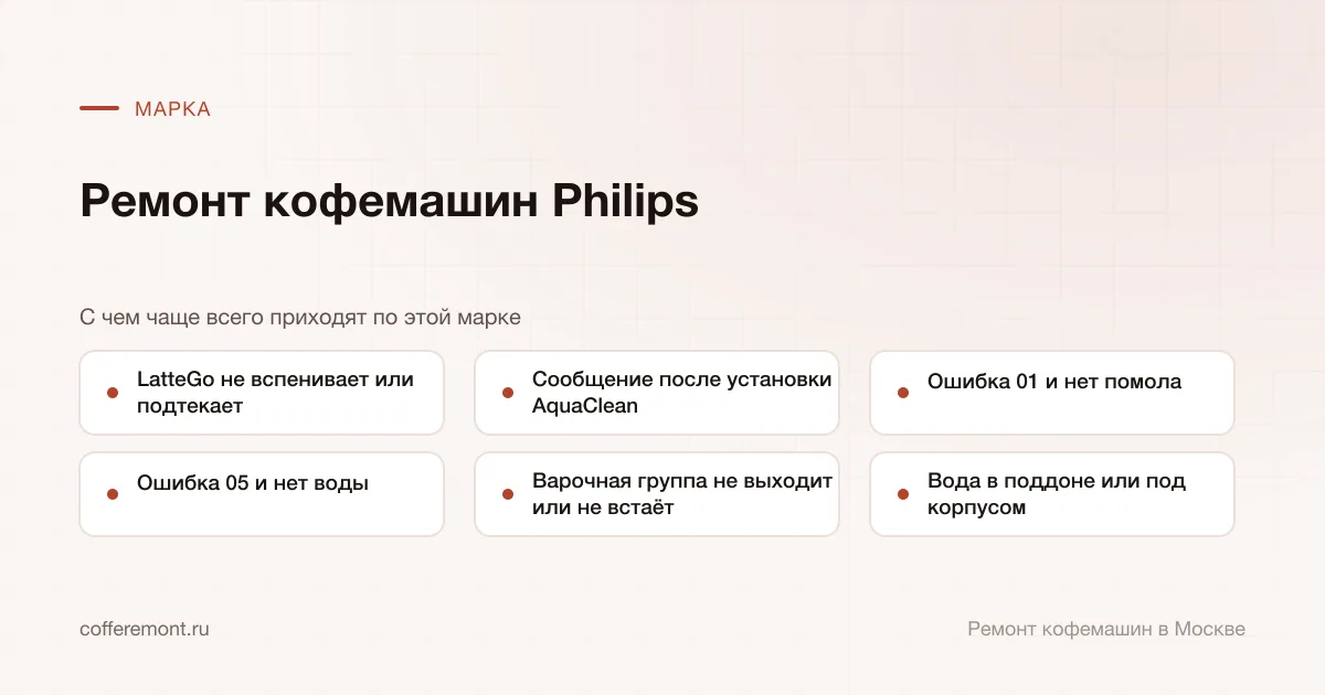 Узлы, которые чаще всего ремонтируем: lattego не вспенивает или подтекает, сообщение после установки aquaclean, ошибка 01 и нет помола, ошибка 05 и нет воды, варочная группа не выходит или не встаёт, вода в поддоне или под корпусом