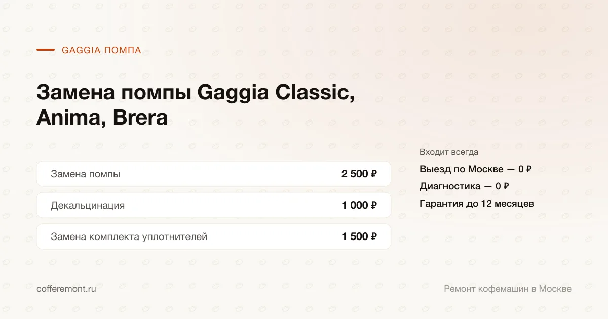 Цены: замена помпы — 2 500 ₽, декальцинация — 1 000 ₽, замена комплекта уплотнителей — 1 500 ₽