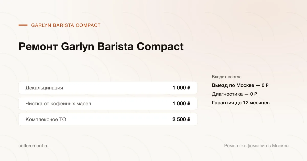 Цены: декальцинация — 1 000 ₽, чистка от кофейных масел — 1 000 ₽, комплексное то — 2 500 ₽