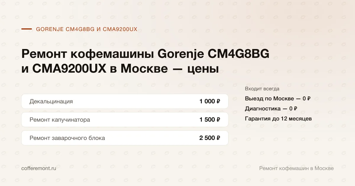 Цены: декальцинация — 1 000 ₽, ремонт капучинатора — 1 500 ₽, ремонт заварочного блока — 2 500 ₽
