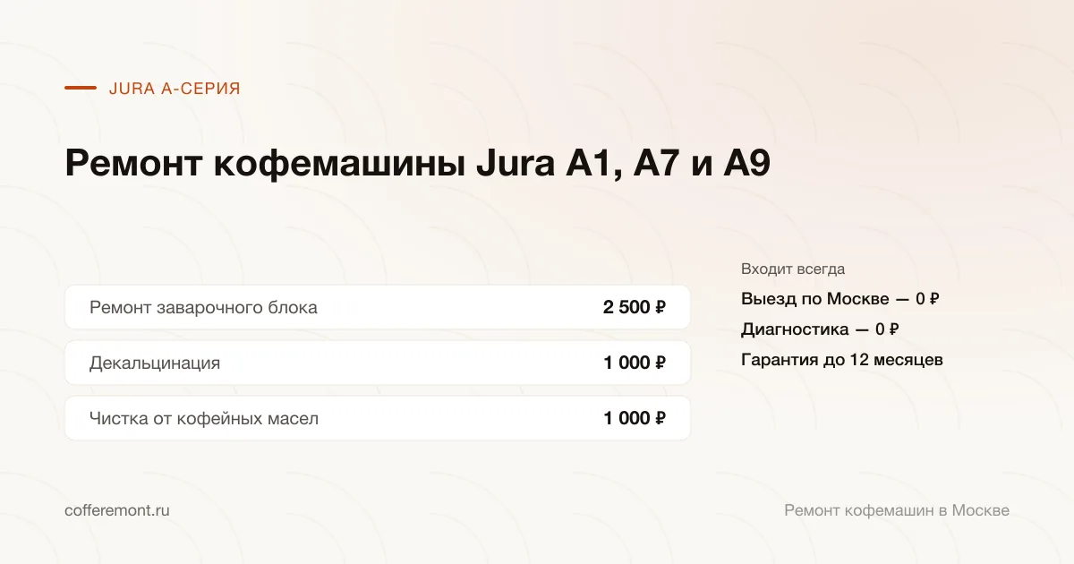 Цены: ремонт заварочного блока — 2 500 ₽, декальцинация — 1 000 ₽, чистка от кофейных масел — 1 000 ₽