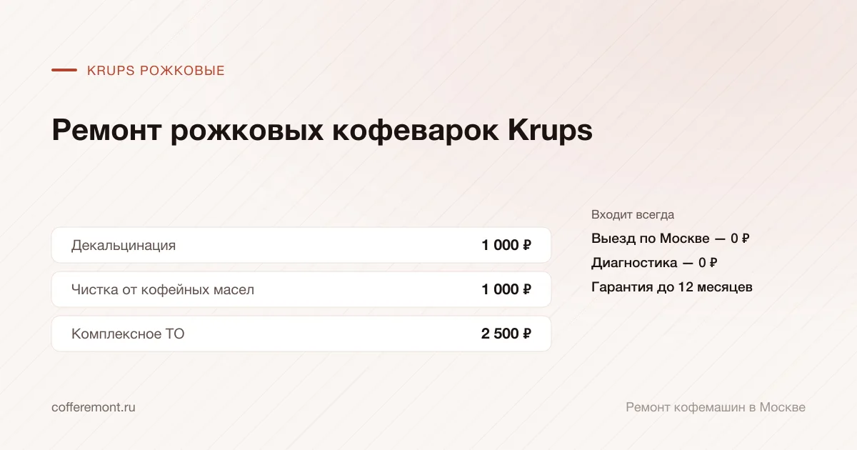 Цены: декальцинация — 1 000 ₽, чистка от кофейных масел — 1 000 ₽, комплексное то — 2 500 ₽
