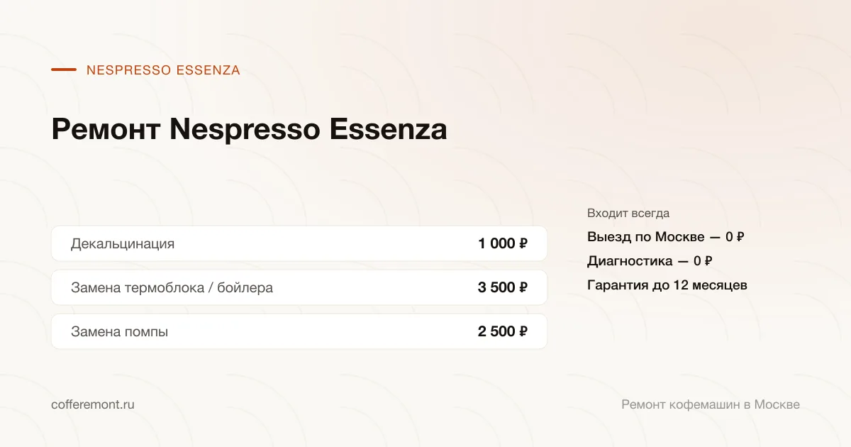 Цены: декальцинация — 1 000 ₽, замена термоблока / бойлера — 3 500 ₽, замена помпы — 2 500 ₽