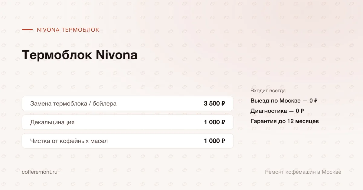 Цены: замена термоблока / бойлера — 3 500 ₽, декальцинация — 1 000 ₽, чистка от кофейных масел — 1 000 ₽
