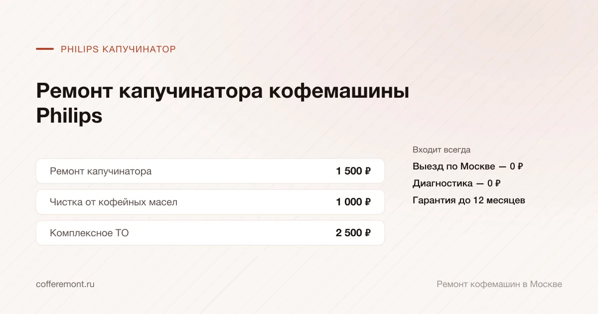 Цены: ремонт капучинатора — 1 500 ₽, чистка от кофейных масел — 1 000 ₽, комплексное то — 2 500 ₽