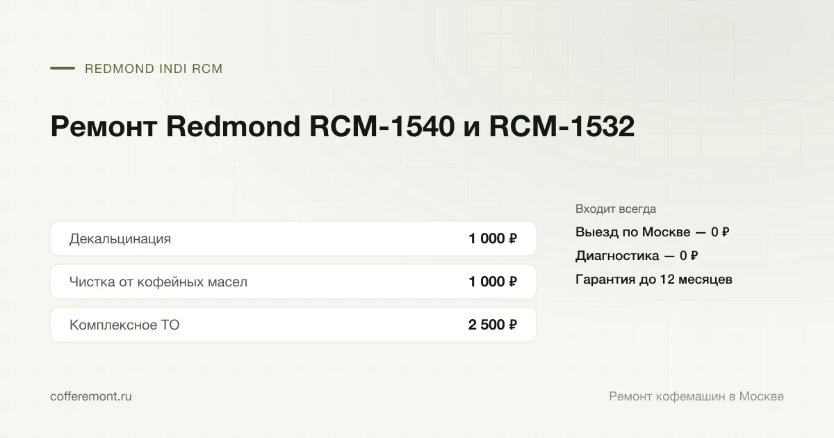 Цены: декальцинация — 1 000 ₽, чистка от кофейных масел — 1 000 ₽, комплексное то — 2 500 ₽