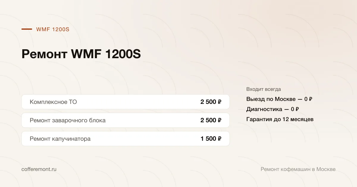 Цены: комплексное то — 2 500 ₽, ремонт заварочного блока — 2 500 ₽, ремонт капучинатора — 1 500 ₽