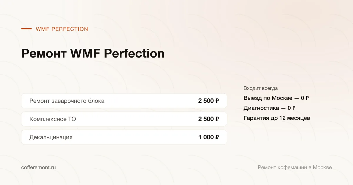 Цены: ремонт заварочного блока — 2 500 ₽, комплексное то — 2 500 ₽, декальцинация — 1 000 ₽