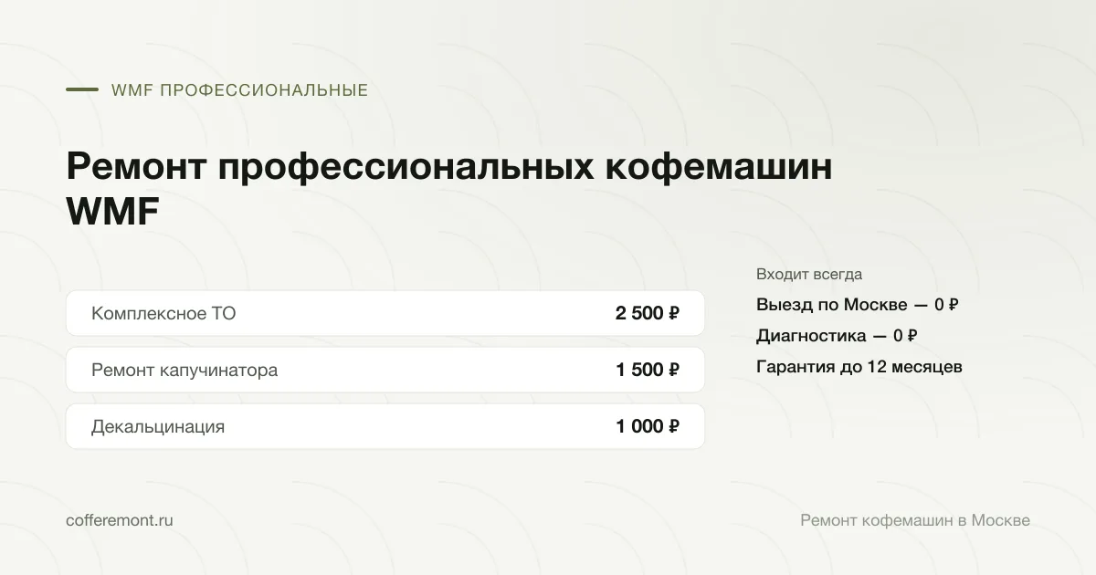 Цены: комплексное то — 2 500 ₽, ремонт капучинатора — 1 500 ₽, декальцинация — 1 000 ₽