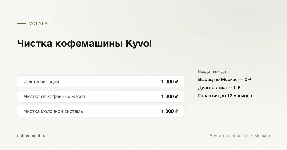 Цены: декальцинация — 1 000 ₽, чистка от кофейных масел — 1 000 ₽, чистка молочной системы — 1 000 ₽
