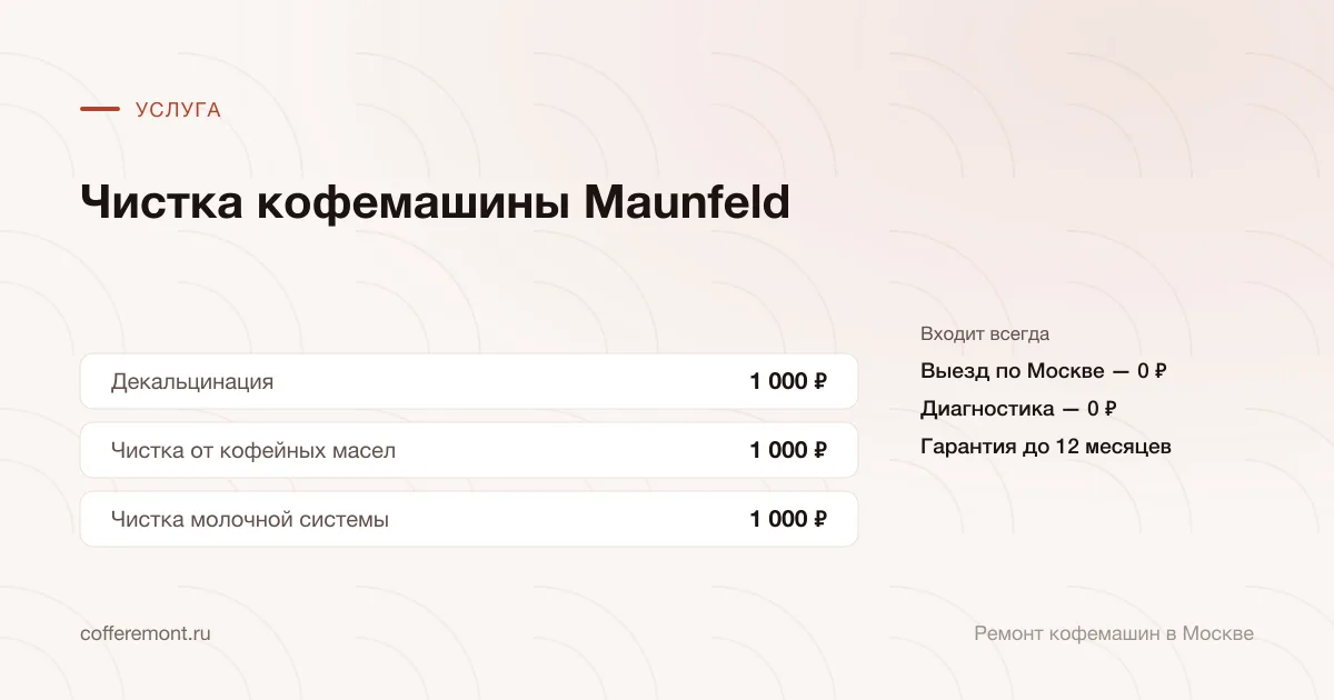 Цены: декальцинация — 1 000 ₽, чистка от кофейных масел — 1 000 ₽, чистка молочной системы — 1 000 ₽