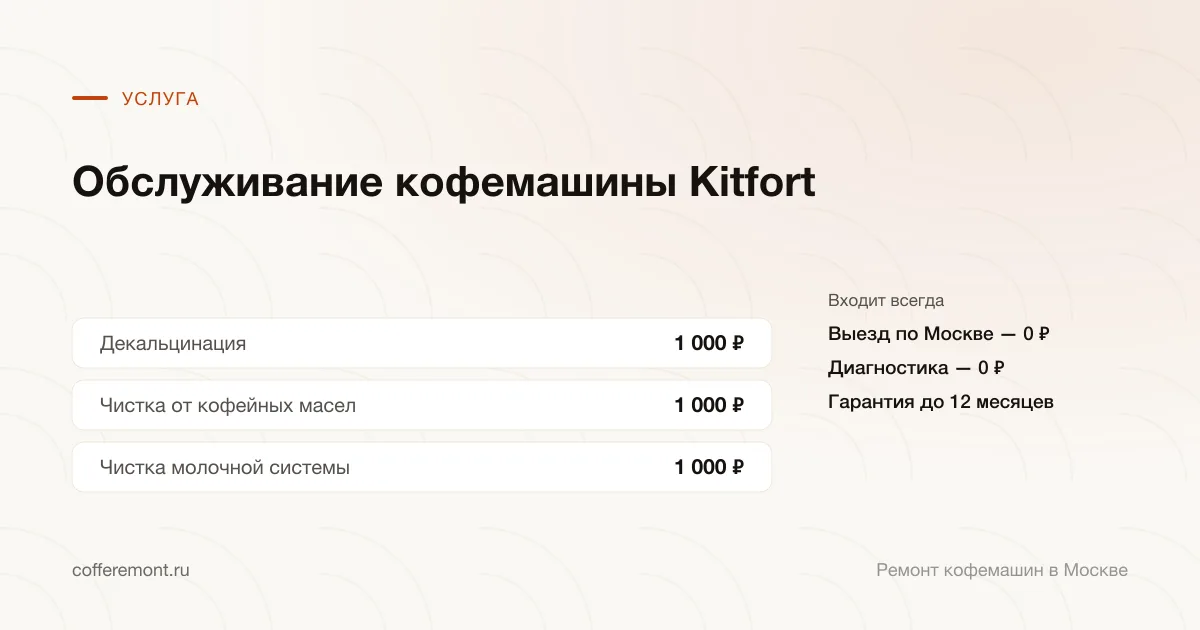 Цены: декальцинация — 1 000 ₽, чистка от кофейных масел — 1 000 ₽, чистка молочной системы — 1 000 ₽