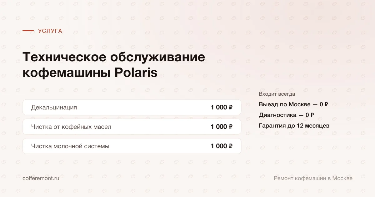 Цены: декальцинация — 1 000 ₽, чистка от кофейных масел — 1 000 ₽, чистка молочной системы — 1 000 ₽