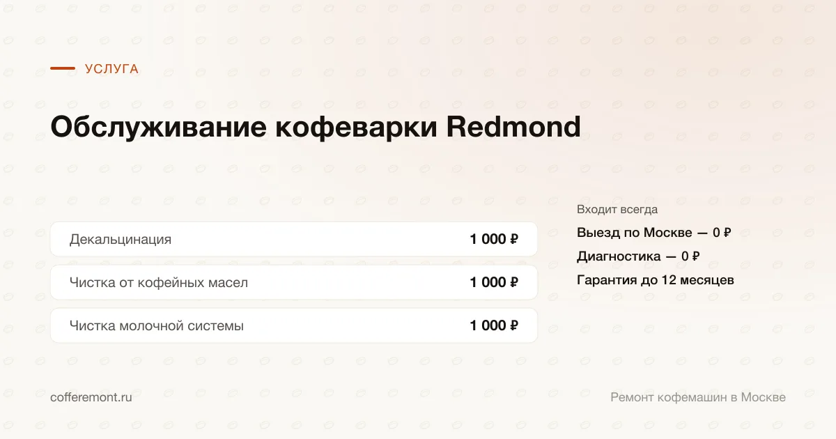 Цены: декальцинация — 1 000 ₽, чистка от кофейных масел — 1 000 ₽, чистка молочной системы — 1 000 ₽