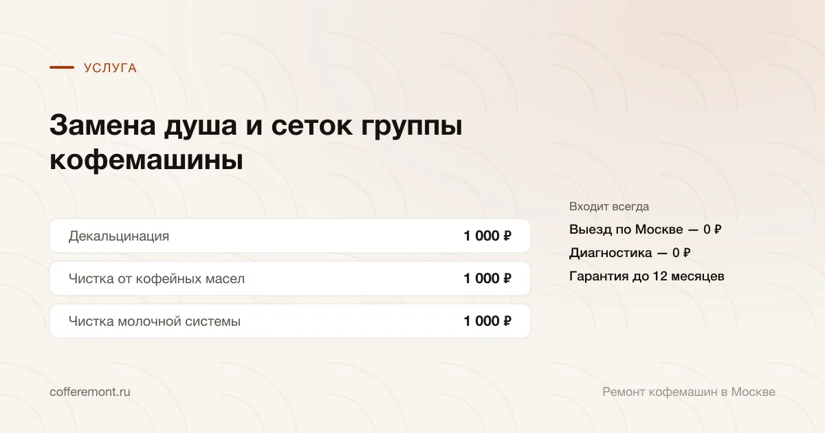Цены: декальцинация — 1 000 ₽, чистка от кофейных масел — 1 000 ₽, чистка молочной системы — 1 000 ₽