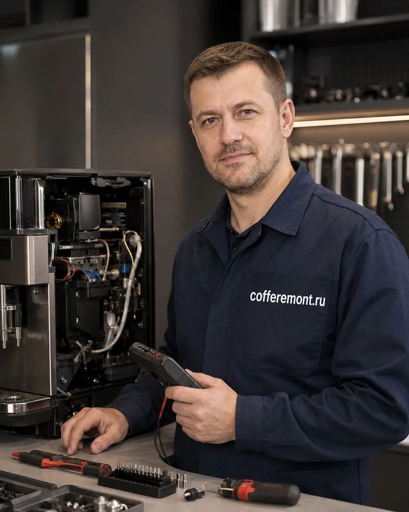 Алексей Морозов, мастер по ремонту кофемашин CoffeRemont, с мультиметром у разобранной кофемашины