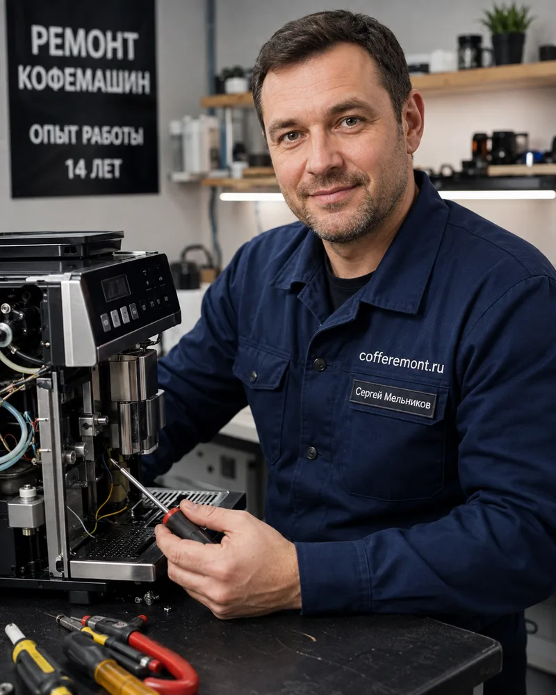 Сергей Мельников, мастер по ремонту кофемашин CoffeRemont, за диагностикой профессиональной кофемашины