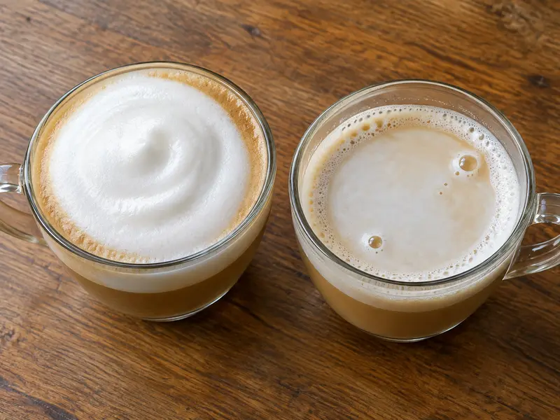 Два бокала капучино рядом: слева плотная густая белая пена, справа жидкое молоко с редкими крупными пузырями