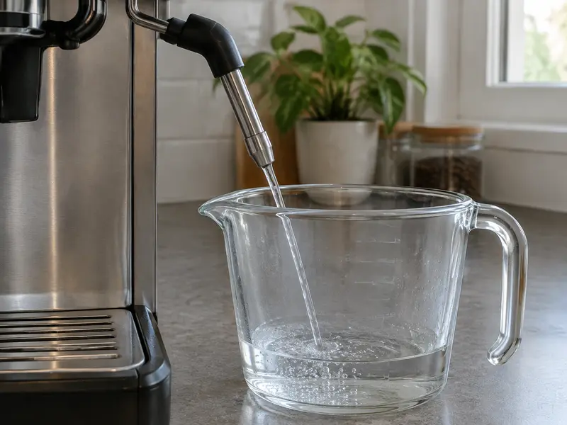 Паровая и водяная трубка кофемашины, из которой тонкой струёй течёт вода в большой стеклянный мерный кувшин
