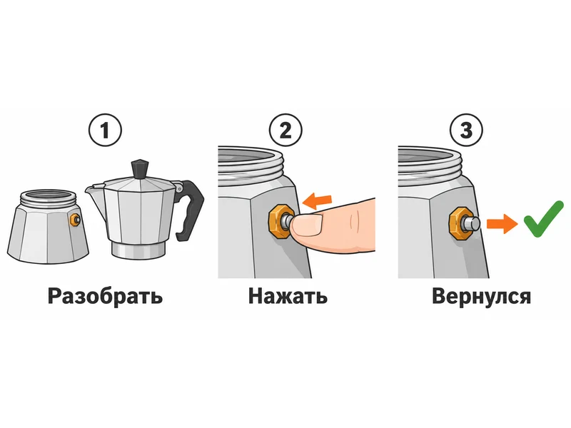 Три шага проверки предохранительного клапана: кофеварка разобрана на две части, штифт клапана нажимается пальцем, штифт возвращается обратно