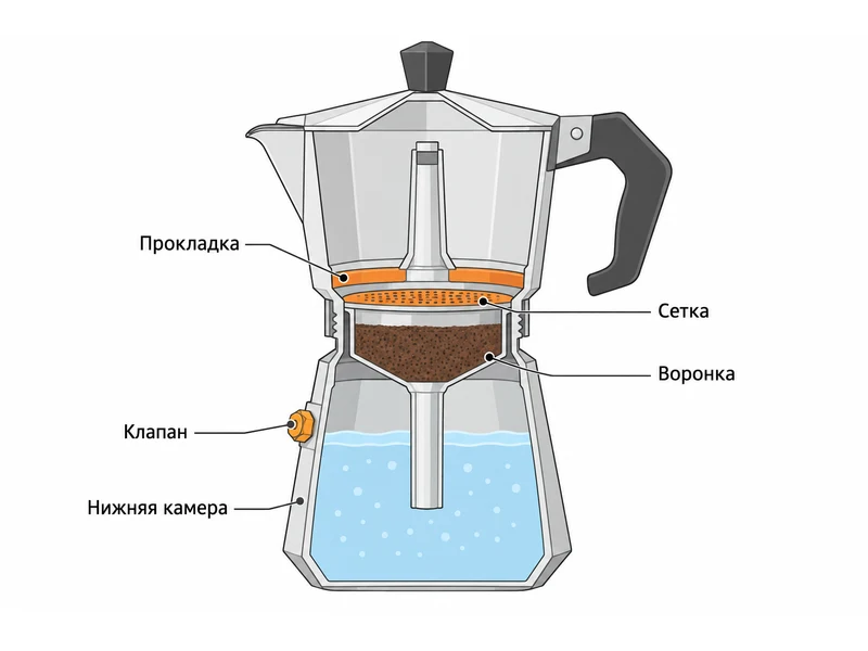 Разрез гейзерной кофеварки с подписанными узлами: нижняя камера с водой, предохранительный клапан на её боковой стенке, воронка с ситечком, фильтр-сетка, силиконовая прокладка и верхняя камера